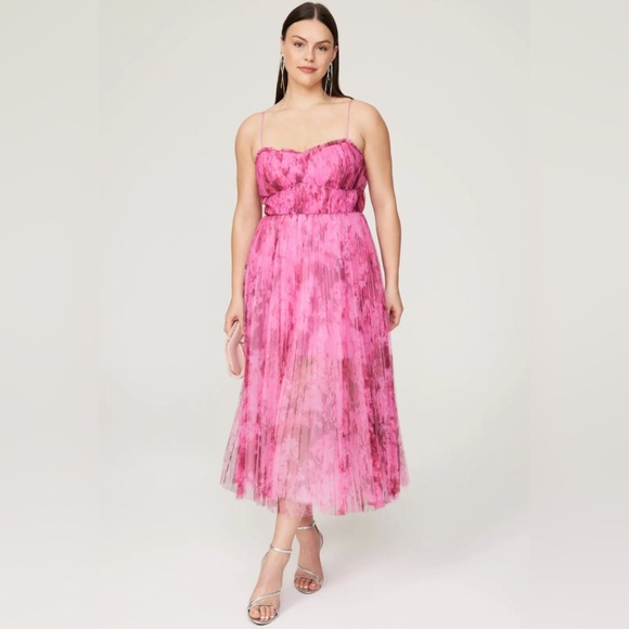 ML Monique Lhuillier Pleated Printed Tulle Midi Dress Women Size 8 - Picture 4 of 14